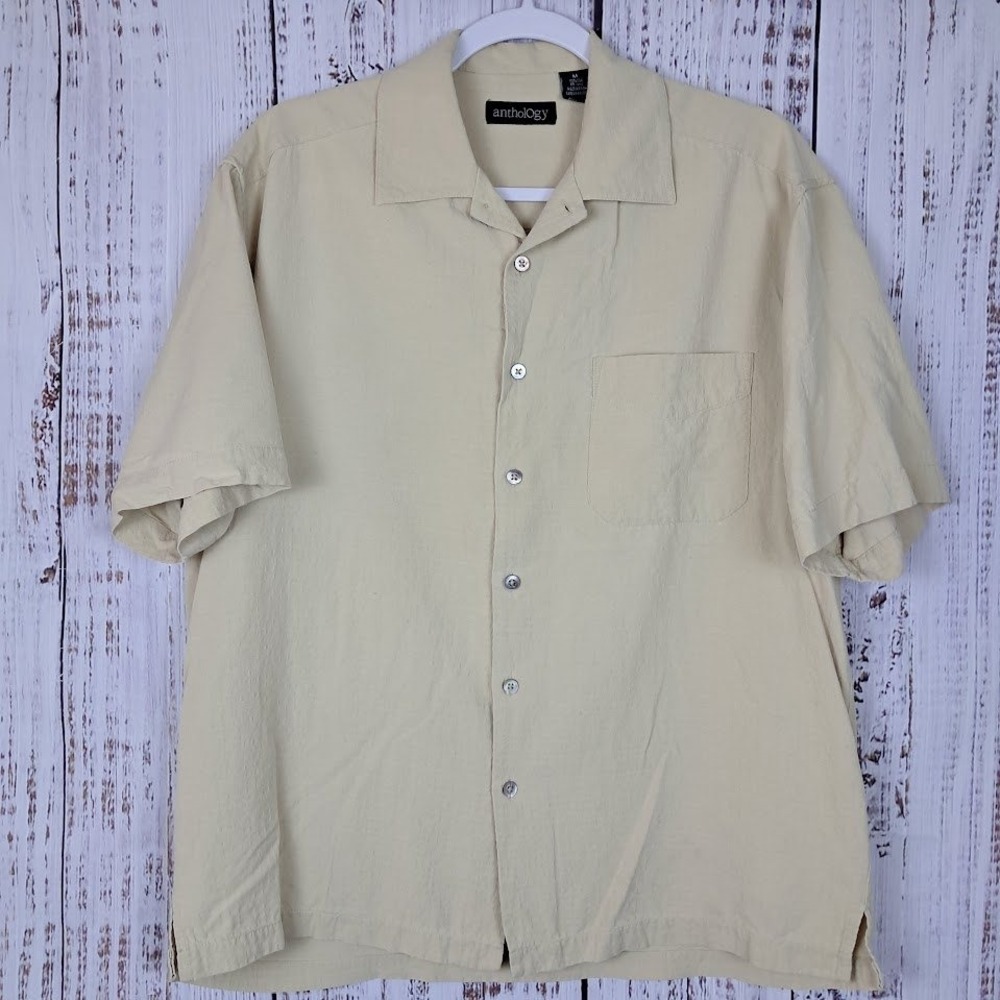 Anthology Mens M 100% Silk Short Sleeve Button‎ Up Shirt Beige Khaki Textured